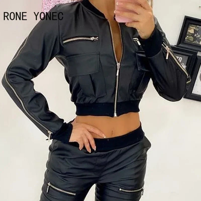 Women Chic Solid PU leather Zipper& Pocket Short Black Jacket Top