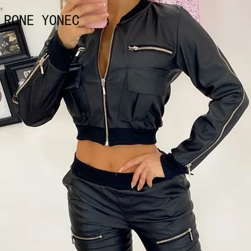 Women Chic Solid PU leather Zipper& Pocket Short Black Jacket Top
