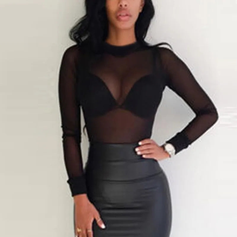 Sexy Women Blouses See Through Transparent Mesh