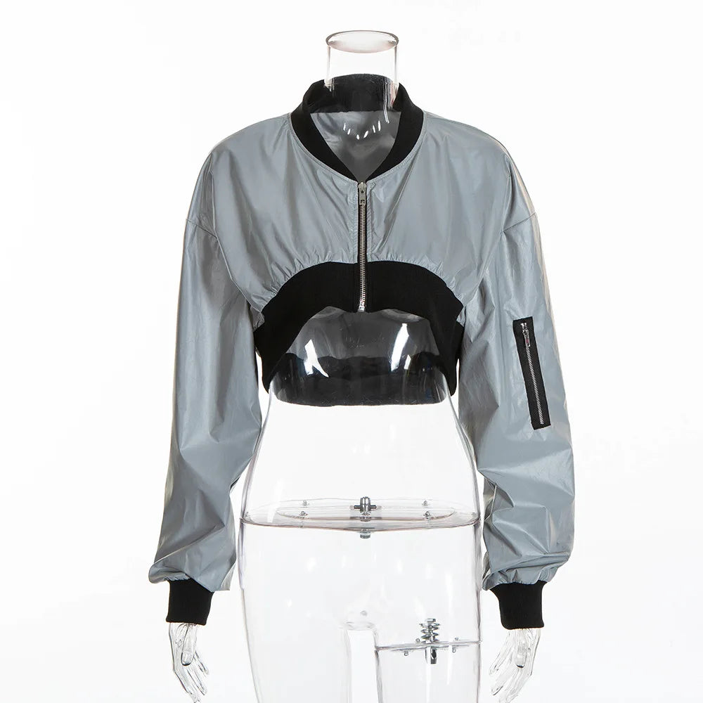 Women Short Coat Long Sleeve Zipper Bomber Jackets