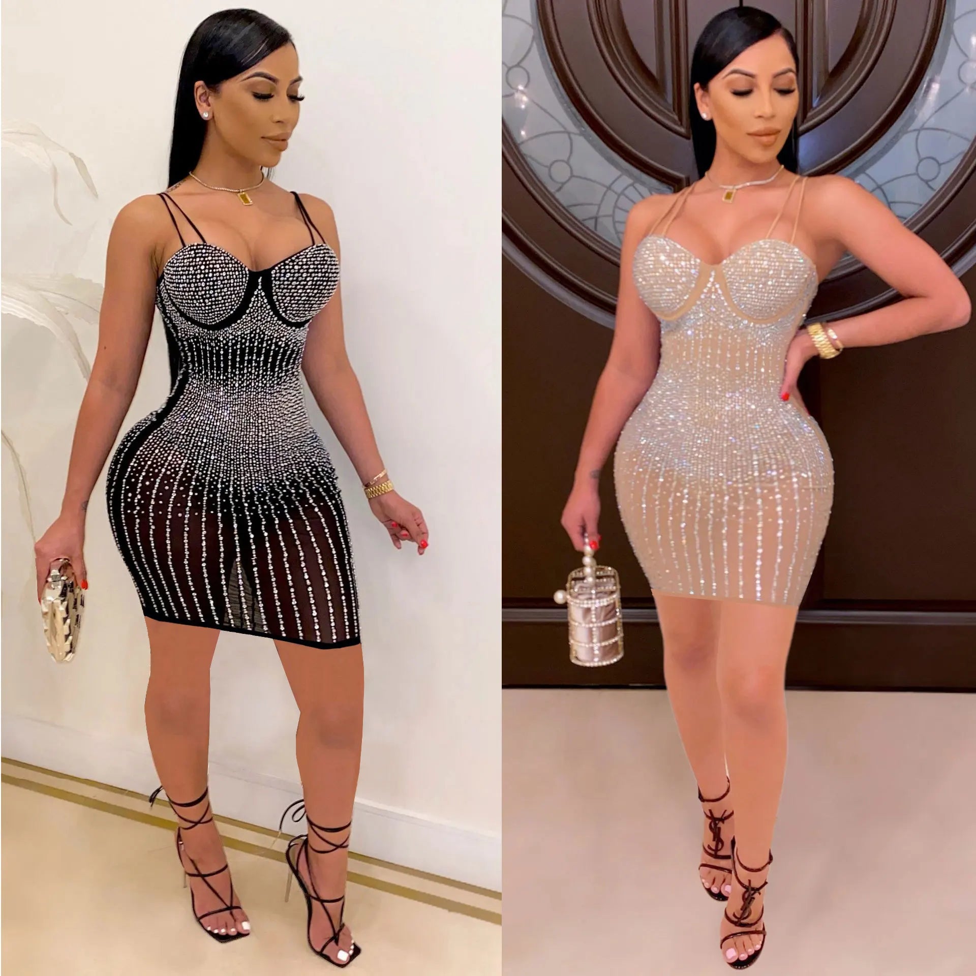 Mesh Rhinestone Mini Club Dress Sexy Women