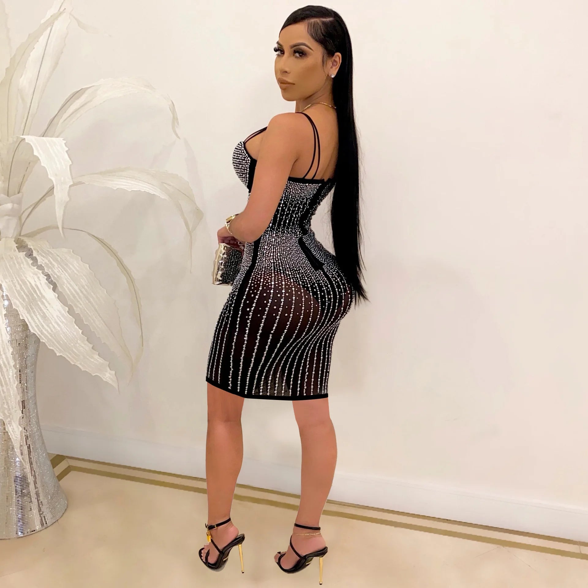 Mesh Rhinestone Mini Club Dress Sexy Women