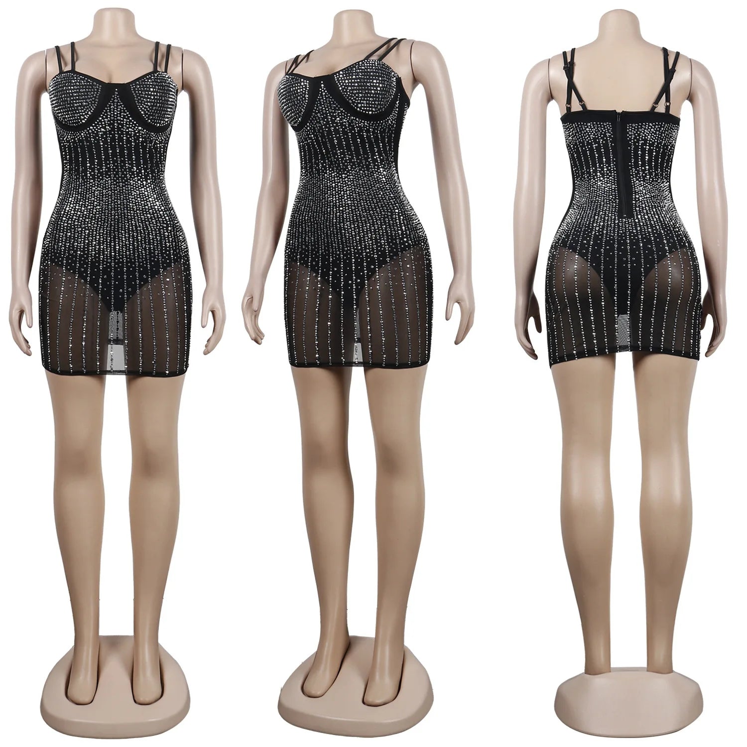 Mesh Rhinestone Mini Club Dress Sexy Women