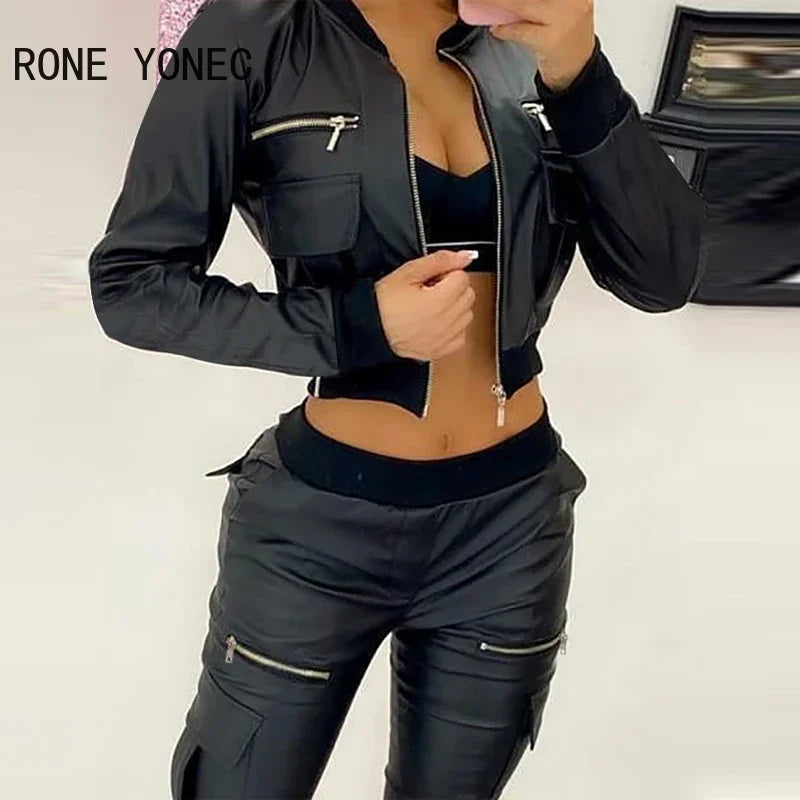 Women Chic Solid PU leather Zipper& Pocket Short Black Jacket Top