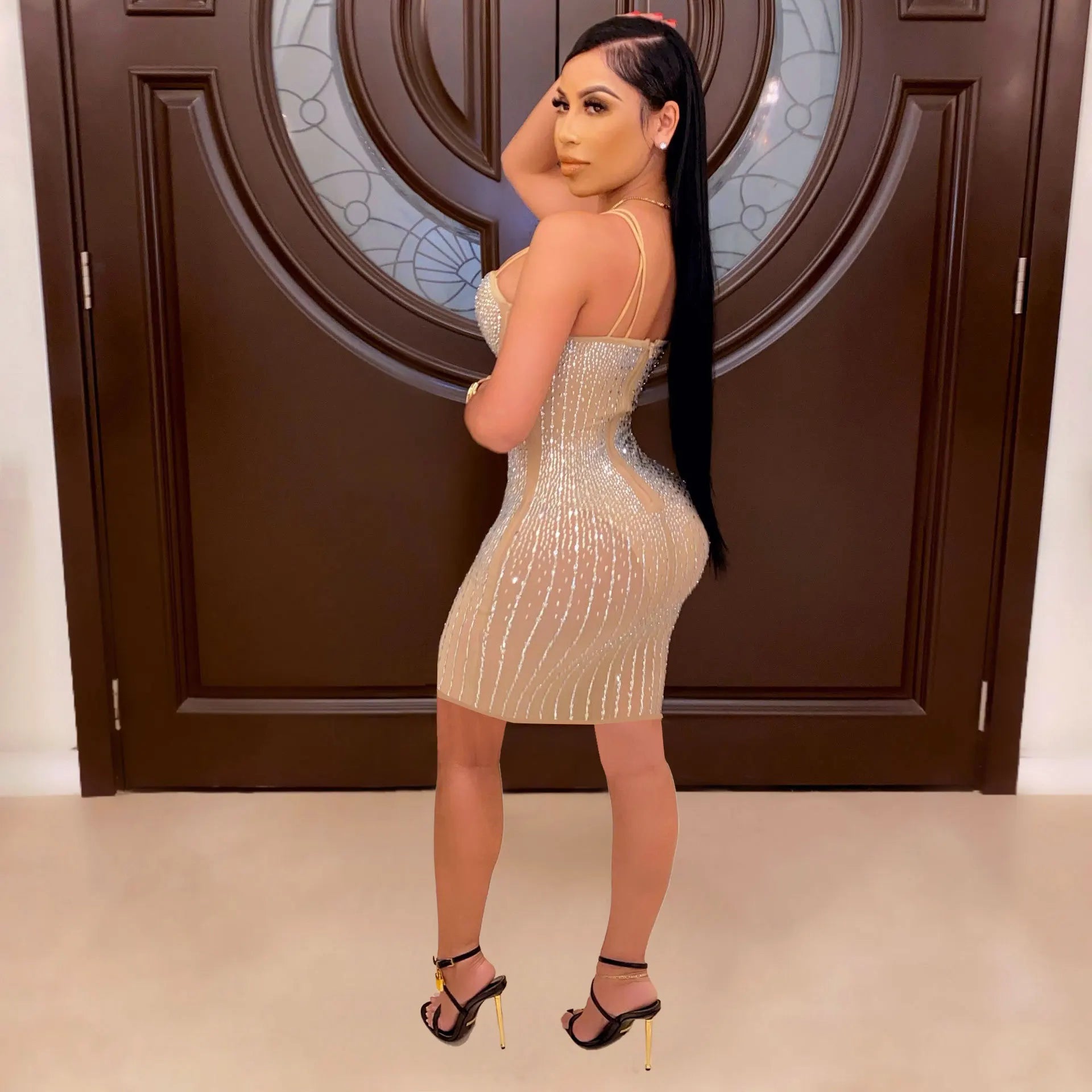 Mesh Rhinestone Mini Club Dress Sexy Women